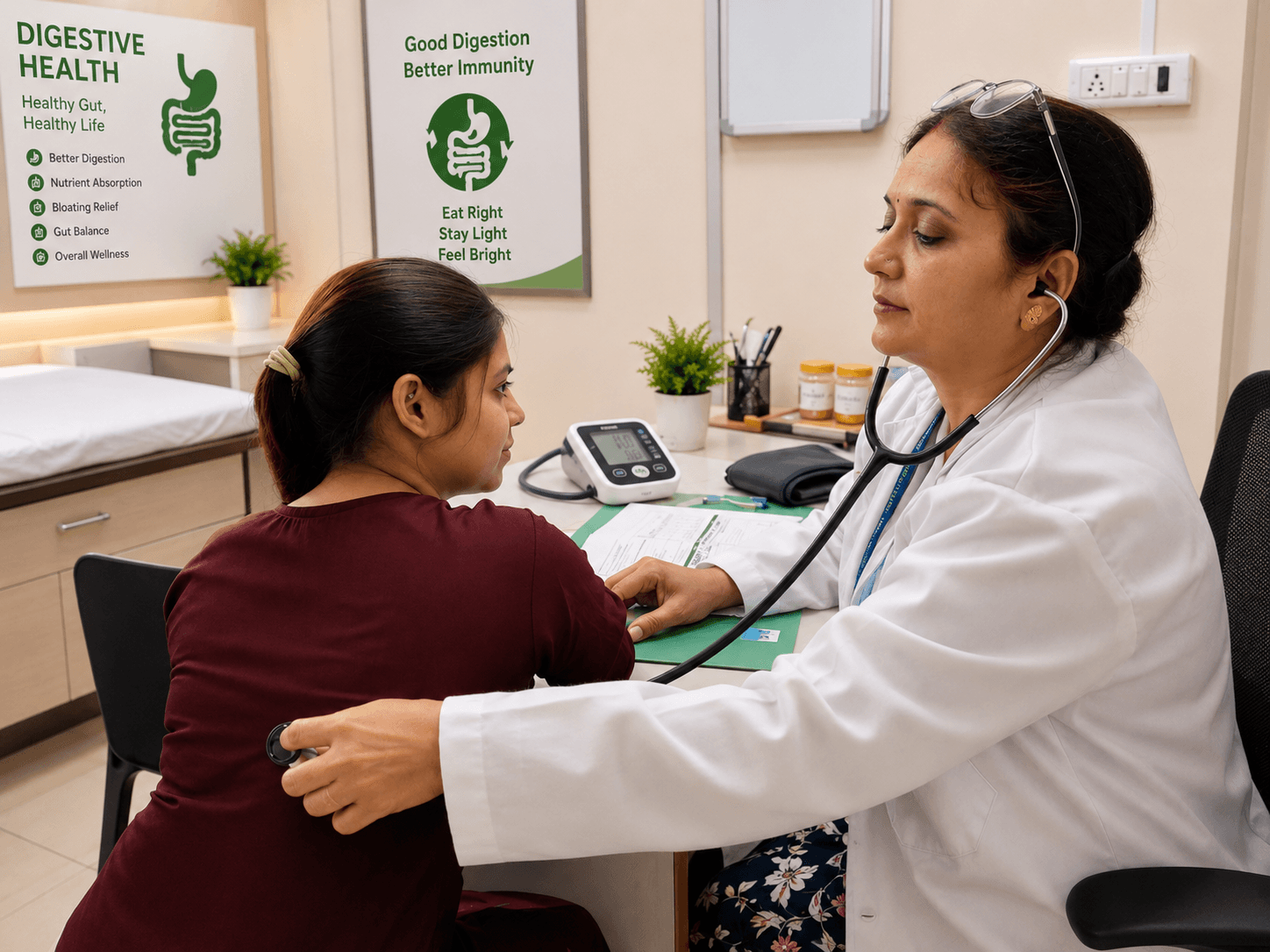 Ayurvedic digestive health consultation with abdominal assessment.