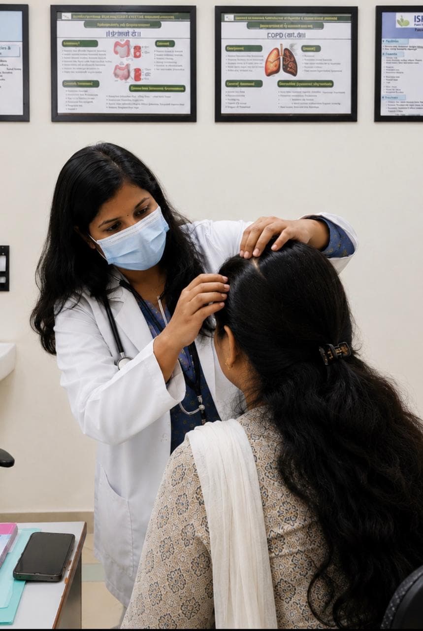 Ayurvedic doctor examining a patient's scalp and hair during an OPD consultation.