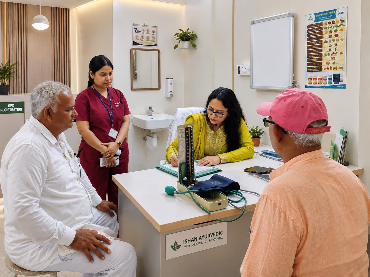 Kaya Chikitsa OPD consultation at Ishan Ayurvedic Hospital, with blood pressure check underway.